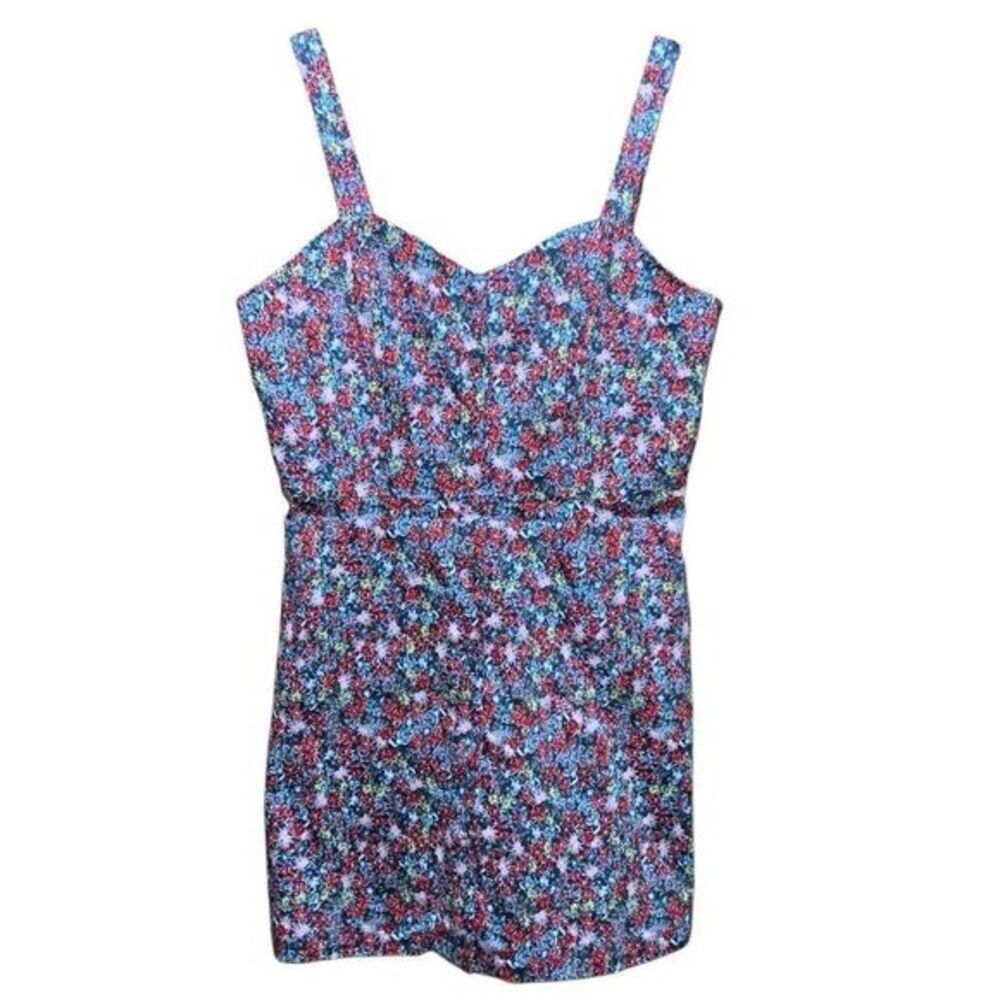 Gianni Bini Floral Print Spaghetti Strap Romper Dress Navy Blue Red size L